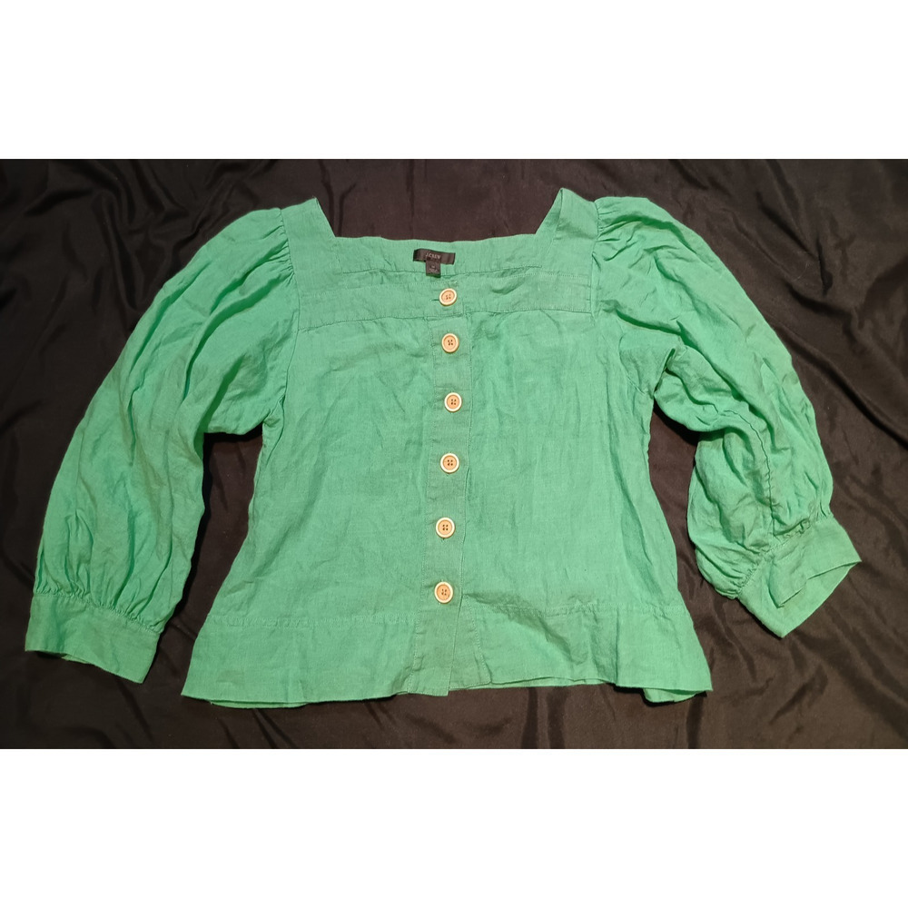J.Crew 100% Linen Square Neck Puffy Sleeve Kelly Green Button Front Top Medium